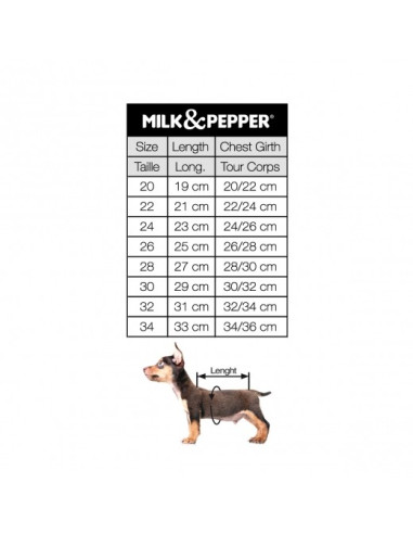Tailles de la doudoune réversible pour chien de Milk&Pepper.