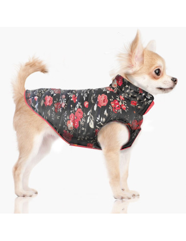 Doudoune réversible pour chien noir à fleurs.